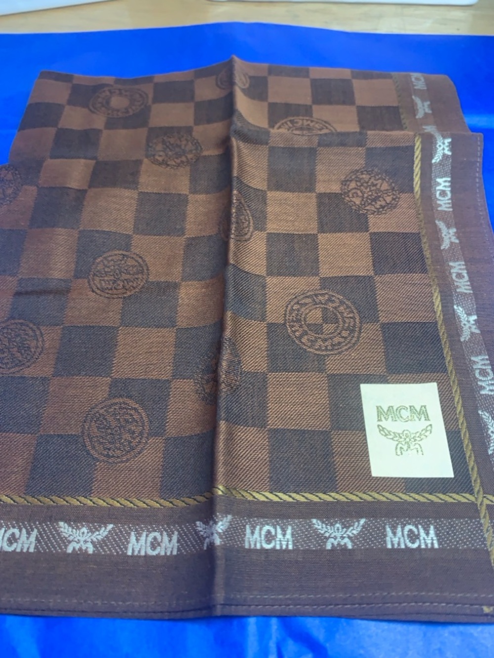 MCM Brown Checkerboard Logo Handkerchief with Gold Trim